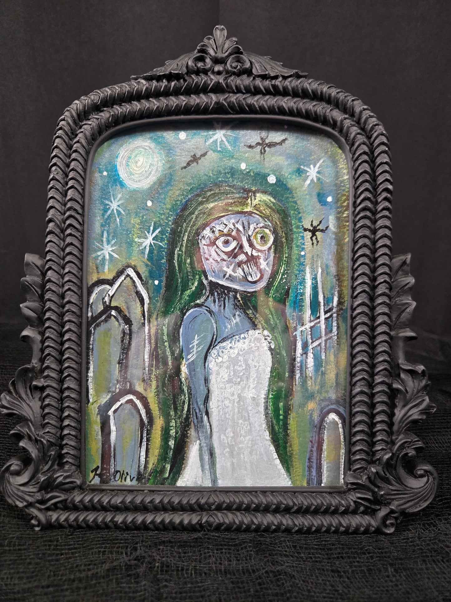 Framed miniature acrylic painting on heavy weight paper 9×8
